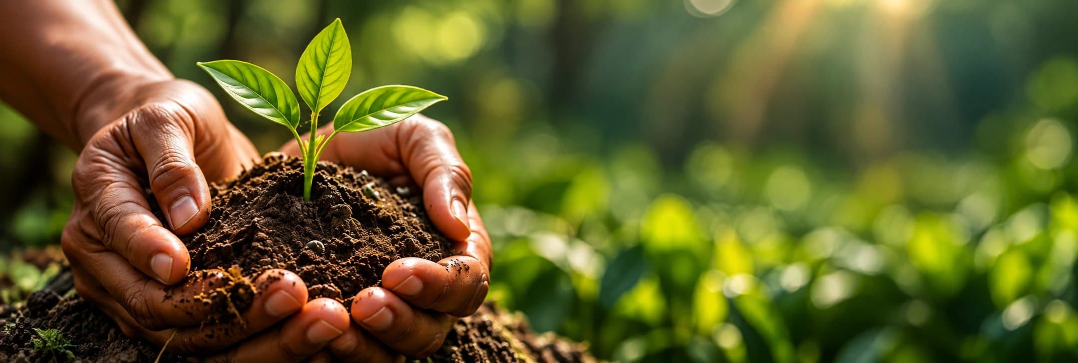 Two hands cupping soil with a young seedling growing from it