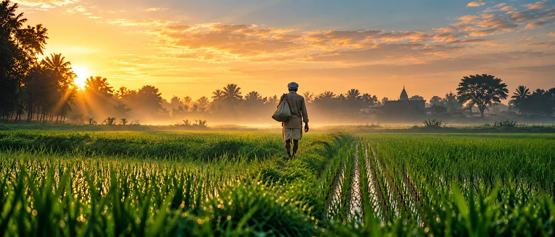 A farmer walking between flooded paddy rows at sunrise