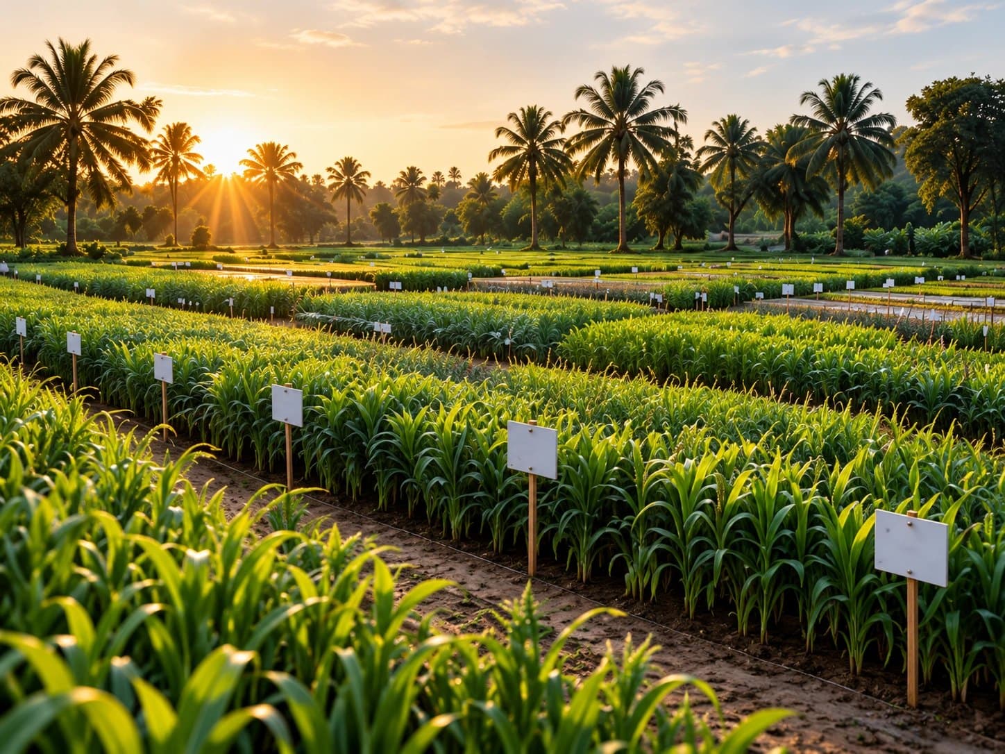 Rows of research trial plots at sunset, each block marked with its own stake